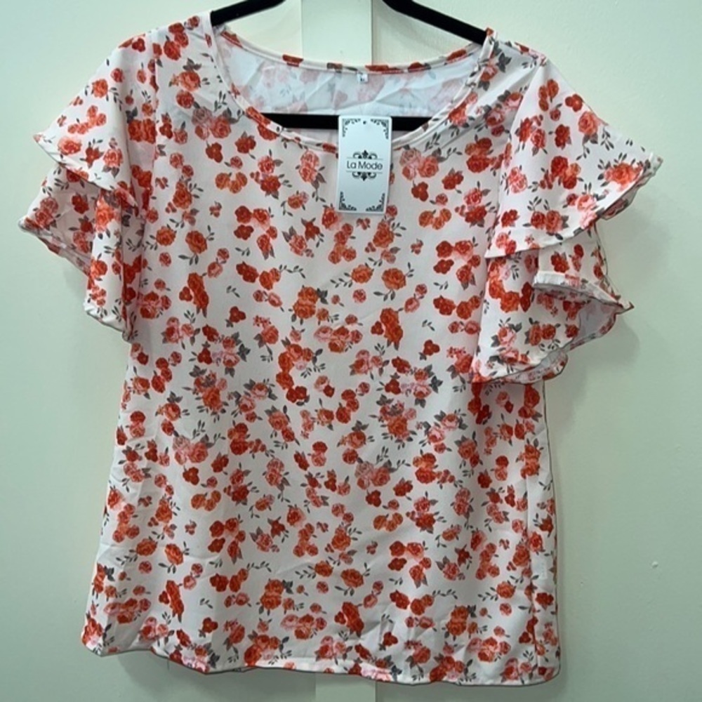 La Mode Floral Flutter Sleeve Blouse Women Size M Orange Rose Print Top NWT